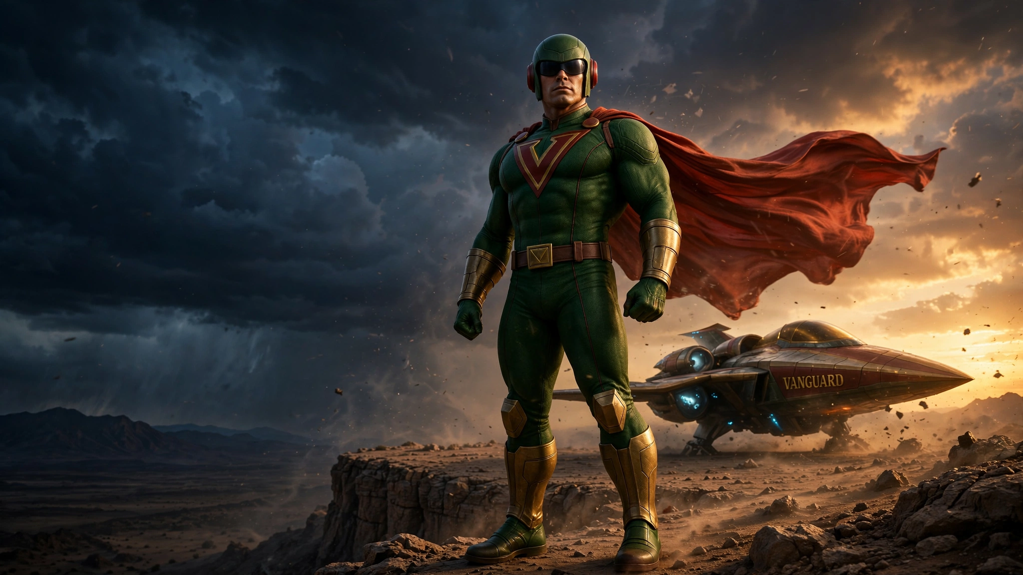 Vanguard stands tall on a rocky ridge beside his bronze-gold jet under a gathering storm